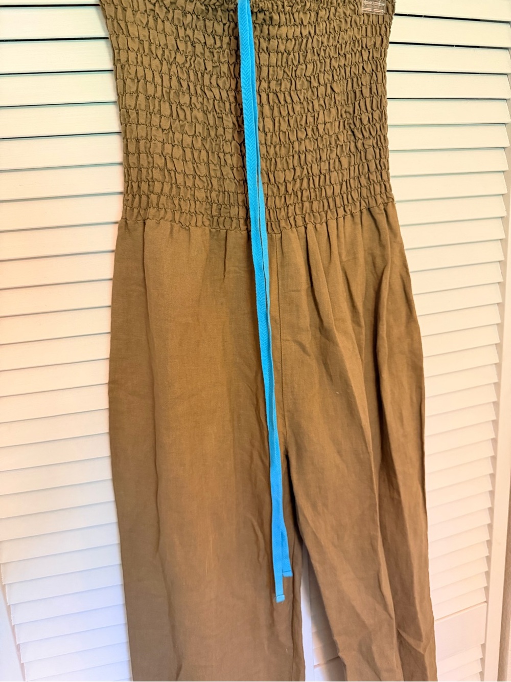 Derek Heart Olive Strapless Jumpsuit with Bright Blue Tie